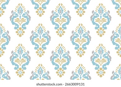Padrão tradicional de arte em pixels tailandês com cor azul e bege em um design sem costura. Perfeito para têxteis, papel de parede, artesanato digital e projetos com tema vintage. Estilo de pixel étnico retrô.
