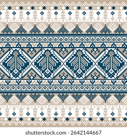 Traditional Thai pixel pattern in blue and beige, featuring symmetrical diamonds, floral lines, and cross-stitch-inspired textile motifs.