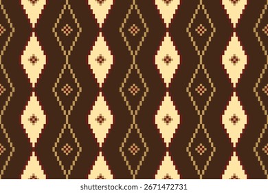 Traditionelles thailändisches Pixel-Webdesign in goldenem und braunem Diamantmuster. Vertikales, nahtloses Layout mit ethnischem Vintage-Charme für Fabric- und digitale Projekte.