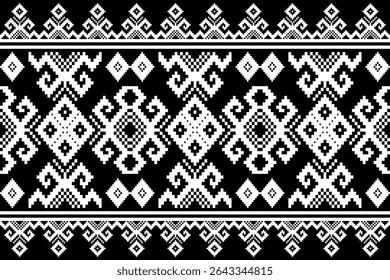 Um padrão tradicional tailandês de tecelagem de pixels em preto e branco, inspirado nos clássicos Pha Khao Ma e Phrae Wa. Esta arte têxtil geométrica de alto contraste combina motivos históricos com pi moderno