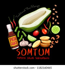 Traditional thai recipe somtum papaya salad ingredients vector illustration