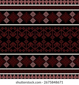 Padrão tailandês tradicional sem emenda - Geometric Textile Design em vermelho e preto