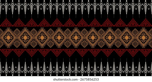 Padrão sem emenda tailandês tradicional - design de tecido geométrico vermelho, dourado e branco