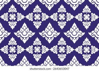 Traditional Thai seamless pattern in white on purple background, ideal for textile design, fabric printing, temple wall art, and cultural-inspired digital artwork.