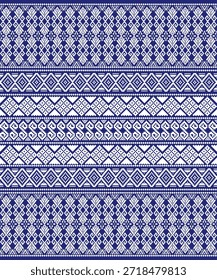 Traditionelles thailändisches Seidenmuster in blauen und weißen Farben mit geometrischen und ethnischen Motiven. Nahtloser textiler Hintergrund, inspiriert von thailändischem Weben, geeignet für Stoffdesign, Tapeten, Mode, Wohnkultur, Umschlagpapier und kulturelle oder handwerkliche Projekte