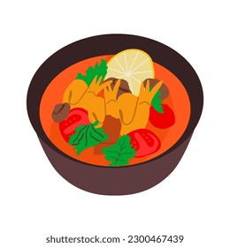 Traditional thai soup tom yum kung with seafood, coconut milk and tomatoes. Top view flat lay. Vector illustration