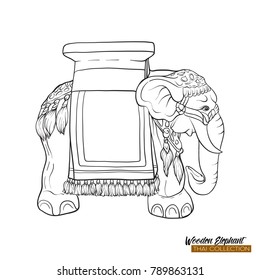 Traditional Thai souvenir - wooden elephant. Stock vector illustration. Outline hand drawing
