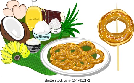 traditional Thai style donuts in Kanchanaburi(Kanom wong or kanom mun kaw) Mon, Myanmar, ingredients from bananas,coconut milk,glutinous rice flour, sugar and vegetable oil and sesame