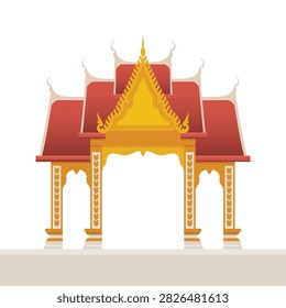 Traditional Thai Temple Gate Arch Vector Illustration Isolated on White Background, Golden Archway Entrance