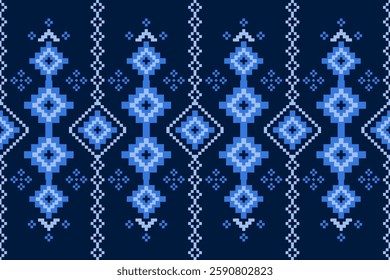 Traditional Thai Textile Pattern in Dark Blue and Light Blue, Inspired by Vintage Handwoven Fabric with Intricate Geometric Diamond Motifs and Cultural Heritage Design for Modern Fashion Decor