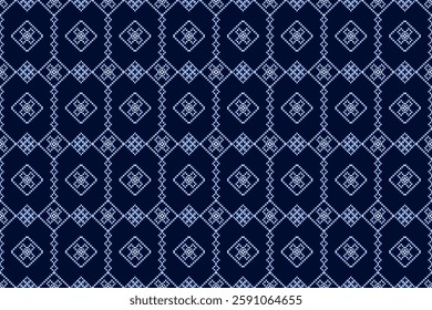 Traditional Thai Textile Pattern in Dark Blue and Light Blue, Inspired by Vintage Handwoven Fabric with Intricate Geometric Diamond Motifs and Cultural Heritage Design for Modern Fashion.