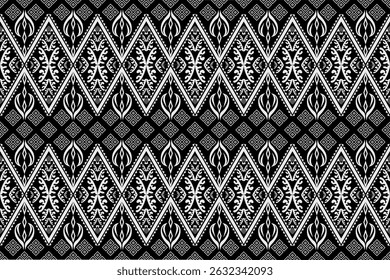 A traditional Thai textile pattern featuring the iconic "Kanom Piak Poon" square design in black and white. Seamless geometric layout suitable for fabric, packaging, or decorative backgrounds.
