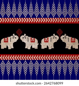 Traditional Thai textile pattern featuring white elephants in pairs, adorned with red decorative cloth, against a black background. The design includes symmetrical red and white motifs and blue geomet