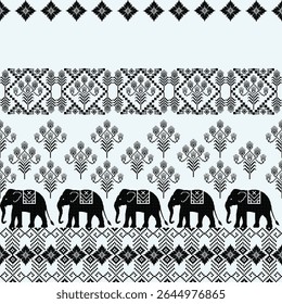 Traditional Thai Textile Pattern Featuring Elephants, Geometric Borders, and Stylized Trees in Black and White Pixel Art Style