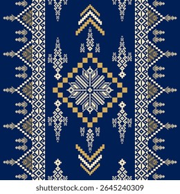 Traditional Thai Textile Pattern in Indigo Blue and Cream with Golden Accents, Ethnic Geometric Design, Seamless Vector Fabric
