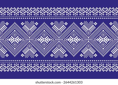 A traditional Thai textile pattern inspired by Phrae Wa weaving, presented in a modern pixel art style. Features symmetrical diamond shapes, cultural motifs, and white-on-blue geometric elements. Perf