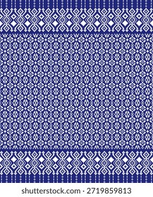 Traditional Thai textile pattern inspired by silk weaving, featuring repeating geometric motifs in white on a deep indigo blue background. The design reflects cultural heritage, symmetry, and handcrafted fabric aesthetics, suitable for fashion, background, wallpaper, and decorative use.