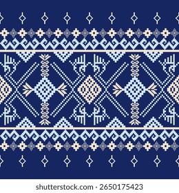 Traditional Thai textile pattern in navy blue with intricate pixel art diamonds and deer motifs. Ideal for cultural designs, fabrics, and decorative crafts.