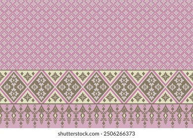 Traditional Thai Textile: Pink Silk with Yellow Motif, Geometric Ethnic pattern, tile, carpet, vector, illustration design