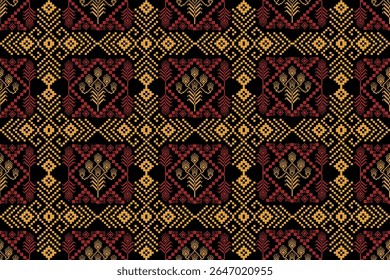 Têxtil tailandês tradicional padrão sem costura com motivos geométricos e florais em ouro e vermelho sobre fundo preto, tecido ornamental inspirado pela arte cultural asiática, decoração etnica design textura