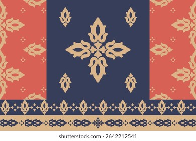 Padrão tradicional de vetor têxtil tailandês com motivo de lótus em tons vermelhos, navais e dourados. Design de tecido étnico perfeito para projetos culturais, de boho ou decorativos.
