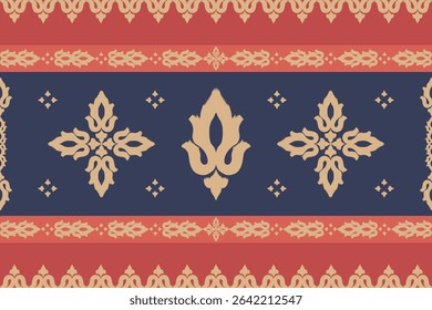 Traditional Thai textile vector pattern with lotus motif in red, navy, and gold tones. Seamless ethnic fabric design for cultural, boho, or decorative projects.
