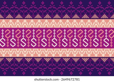 Traditional Thai textile vector with pink and purple pixel art motifs. Inspired by ethnic weaving patterns, perfect for fabric, fashion, and cultural design.
