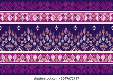 Traditional Thai textile vector with pink and purple pixel art motifs. Inspired by ethnic weaving patterns, perfect for fabric, fashion, and cultural design.
