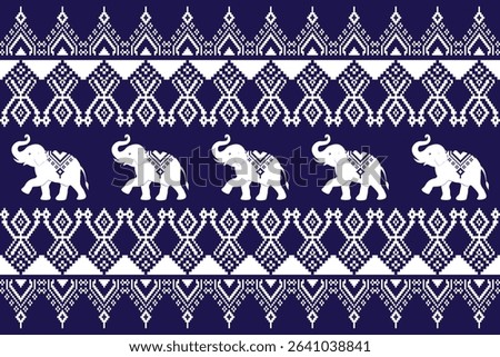 Traditional Thai textile-inspired pixel art design elephants with ethnic geometric patterns. blue and white digital artwork , Ideal for prints, crafts, apparel, and cultural-themed design projects.