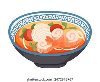 Traditional Thai Tom Yum Kung in bowl with coconut milk tasty spicy soup with seafood vector illustration isolated on white background