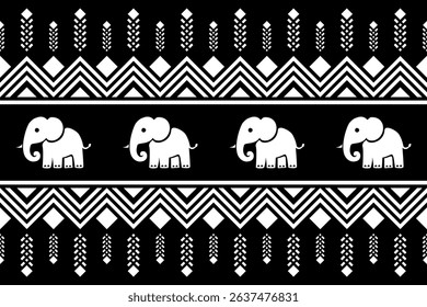 Traditional Thai tribal black and white pattern with elephants and geometric shapes. Symmetrical and detailed folk art design ideal for textiles, wallpapers, or cultural graphic projects.