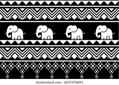 Traditional Thai tribal black and white pattern with elephants and geometric shapes. Symmetrical and detailed folk art design ideal for textiles, wallpapers, or cultural graphic projects.