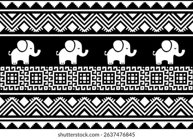 Traditional Thai tribal black and white pattern with elephants and geometric shapes. Symmetrical and detailed folk art design ideal for textiles, wallpapers, or cultural graphic projects.