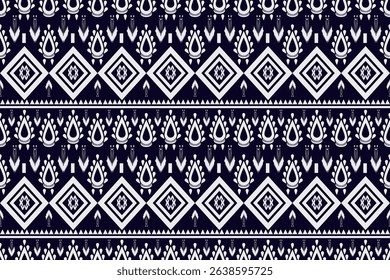 Traditional Thai tribal seamless pattern with geometric and ethnic motifs in navy blue and white, perfect for fabric, wallpaper, and textile design. Seamless pattern, tribal pattern, ethnic pattern.