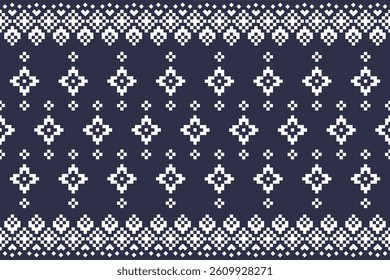 Traditional Thai tribal textile pattern in pixel art style. Seamless vector indigo fabric design, perfect for backgrounds, wrapping paper, fashion, or ethnic-themed projects.