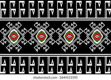 A traditional Thai tribal textile pattern in modern pixel art style, featuring diamond shapes and intricate geometric lines in red, green, white, and black. Inspired by ancient Isan weaving from north