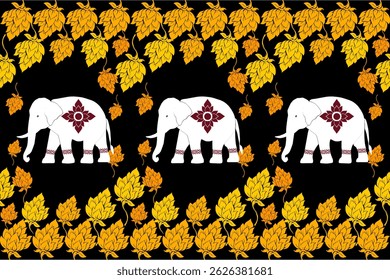 A traditional Thai vector design featuring white elephants adorned with red floral motifs, surrounded by elegant gold Thai ornaments on a black background. This seamless and decorative layout reflects