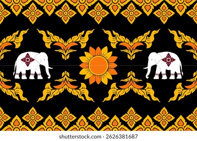 A traditional Thai vector design featuring white elephants adorned with red floral motifs, surrounded by elegant gold Thai ornaments on a black background. This seamless and decorative layout reflects