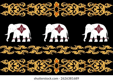 A traditional Thai vector design featuring white elephants adorned with red floral motifs, surrounded by elegant gold Thai ornaments on a black background. This seamless and decorative layout reflects