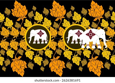 A traditional Thai vector design featuring white elephants adorned with red floral motifs, surrounded by elegant gold Thai ornaments on a black background. This seamless and decorative layout reflects