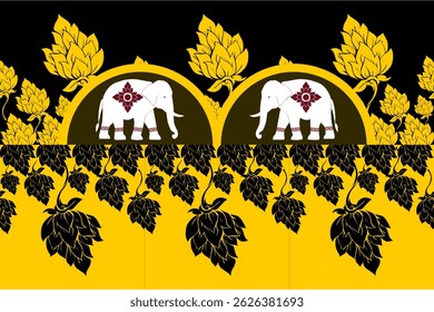 A traditional Thai vector design featuring white elephants adorned with red floral motifs, surrounded by elegant gold Thai ornaments on a black background. This seamless and decorative layout reflects