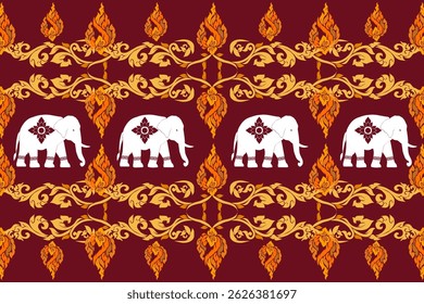 A traditional Thai vector design featuring white elephants adorned with red floral motifs, surrounded by elegant gold Thai ornaments on a black background. This seamless and decorative layout reflects