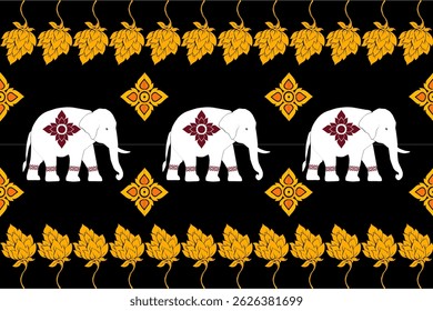 A traditional Thai vector design featuring white elephants adorned with red floral motifs, surrounded by elegant gold Thai ornaments on a black background. This seamless and decorative layout reflects