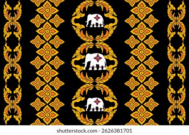 Um tradicional design de vetor tailandês com elefantes brancos adornados com motivos florais vermelhos, cercados por elegantes ornamentos tailandeses de ouro em um fundo preto. Este layout decorativo e sem emenda reflete