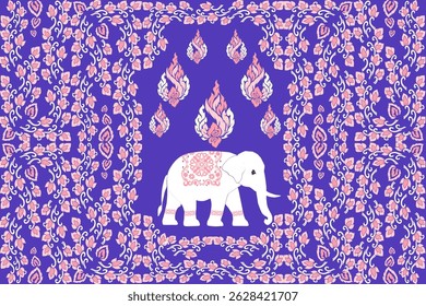 Um padrão tradicional de vetor tailandês com elefantes brancos adornados com intrincados desenhos florais rosa, combinados com motivos de chama kanok rosa e branco em um fundo roxo vívido. Este elegante e c