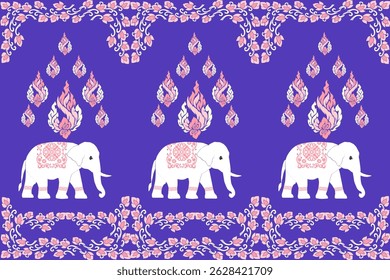 Um padrão tradicional de vetor tailandês com elefantes brancos adornados com intrincados desenhos florais rosa, combinados com motivos de chama kanok rosa e branco em um fundo roxo vívido. Este elegante e c