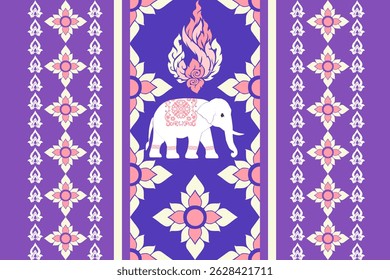 A traditional Thai vector pattern featuring white elephants adorned with intricate pink floral designs, combined with pink and white kanok flame motifs on a vivid purple background. This elegant and c