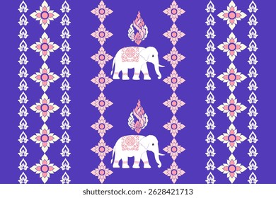 Um padrão tradicional de vetor tailandês com elefantes brancos adornados com intrincados desenhos florais rosa, combinados com motivos de chama kanok rosa e branco em um fundo roxo vívido. Este elegante e c