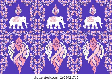 Um padrão tradicional de vetor tailandês com elefantes brancos adornados com intrincados desenhos florais rosa, combinados com motivos de chama kanok rosa e branco em um fundo roxo vívido. Este elegante e c