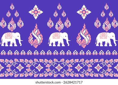 Um padrão tradicional de vetor tailandês com elefantes brancos adornados com intrincados desenhos florais rosa, combinados com motivos de chama kanok rosa e branco em um fundo roxo vívido. Este elegante e c